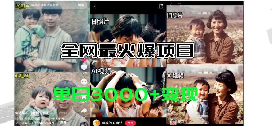 全网爆火的AI让老照片动起来教程，蹭热点日赚3000 ，内含免费工具一键-多课Ai资源库