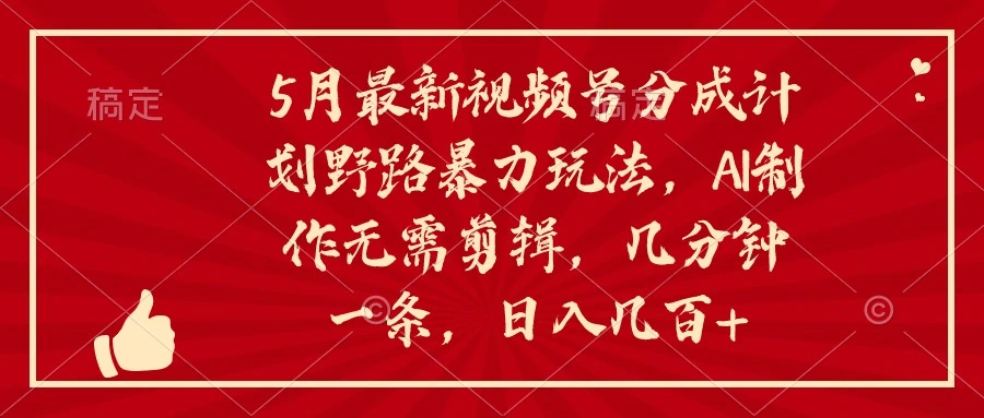 5月最新视频号分成计划野路暴力玩法，ai制作，无需剪辑。几分钟一条，-多课Ai资源库